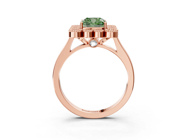 Rose gold Fancy Green Cushion  Halo Diamond Cluster Engagement Ring with Milgrain Bezel Setting and Solitaire Band