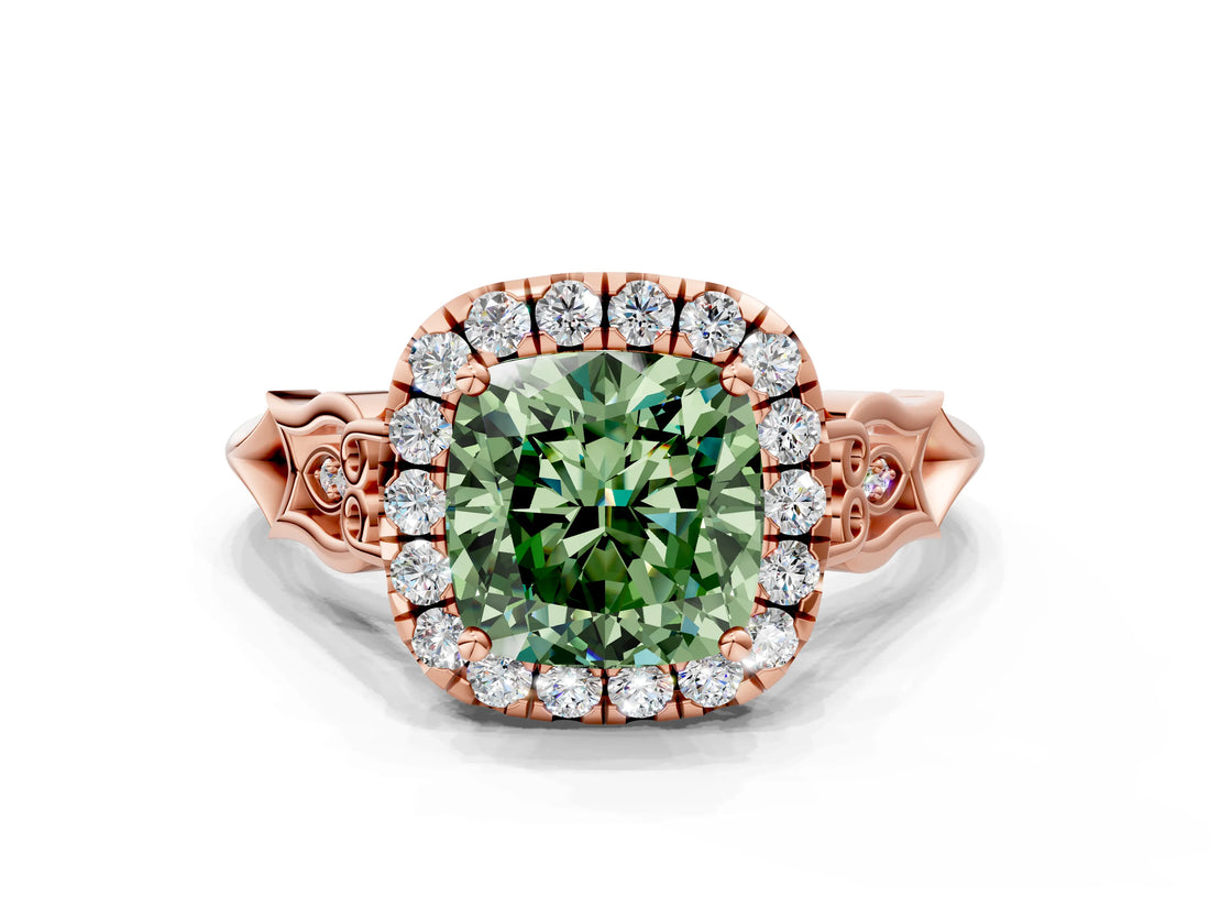 Rose gold Fancy Green Cushion  Halo Diamond Engagement Ring with Filigree Band and Four-Prong Setting_81