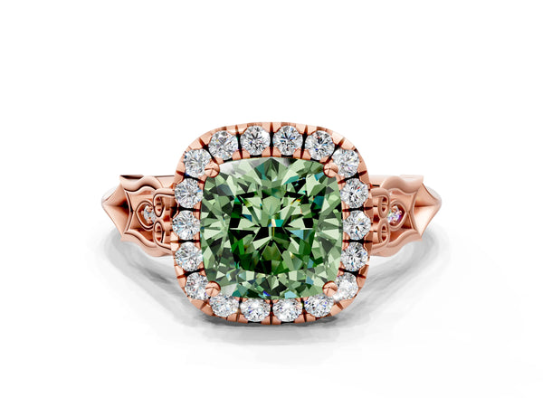 Rose gold Fancy Green Cushion  Halo Diamond Engagement Ring with Filigree Band and Four-Prong Setting