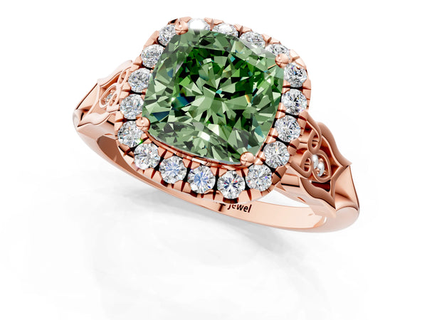 Rose gold Fancy Green Cushion  Halo Diamond Engagement Ring with Filigree Band and Four-Prong Setting