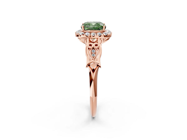 Rose gold Fancy Green Cushion  Halo Diamond Engagement Ring with Filigree Band and Four-Prong Setting