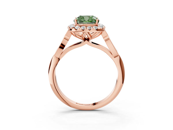 Rose gold Fancy Green Cushion  Halo Diamond Engagement Ring with Filigree Band and Four-Prong Setting