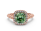 Rose gold Fancy Green Cushion  Halo Diamond Engagement Ring with Intricate Filigree Band and Four-Prong Setting_37