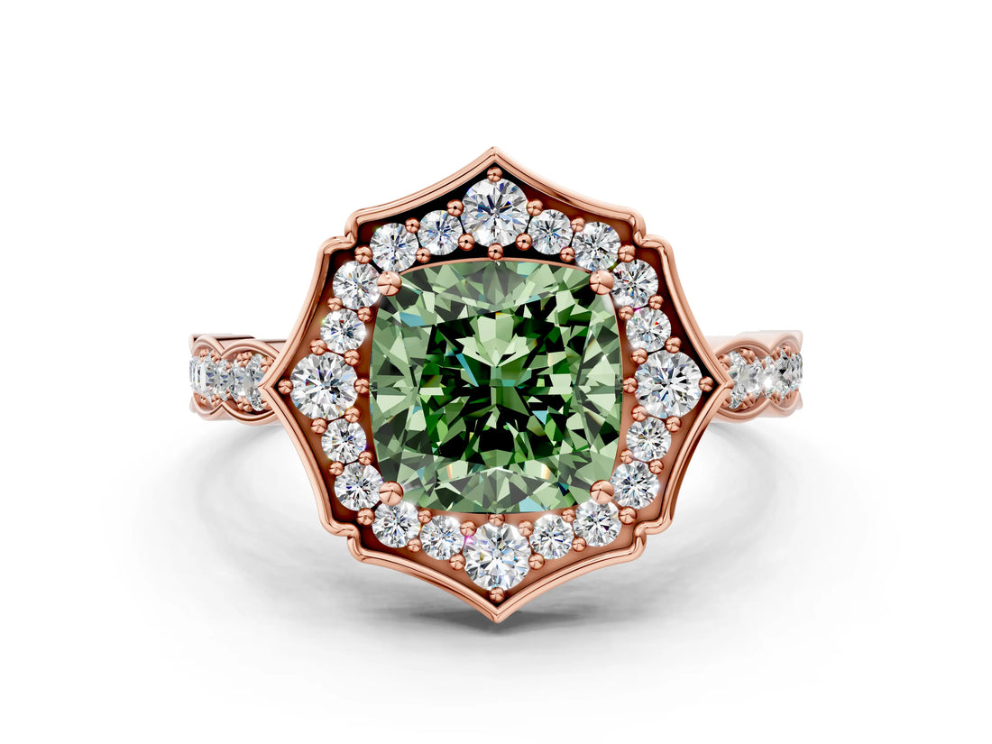 Rose gold Fancy Green Cushion  Halo Diamond Engagement Ring with Milgrain Band and Four-Prong Setting_54