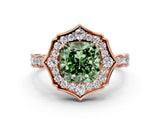 Rose gold Fancy Green Cushion  Halo Diamond Engagement Ring with Milgrain Band and Four-Prong Setting_54