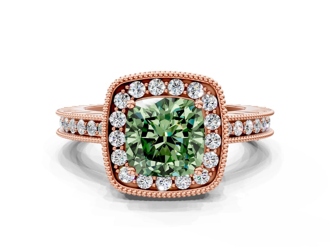 Rose gold Fancy Green Cushion  Halo Diamond Engagement Ring with Milgrain Pave Band and Four-Prong Setting_87