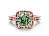 Rose gold Fancy Green Cushion  Halo Diamond Engagement Ring with Milgrain Pave Band and Four-Prong Setting_87