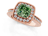 Rose gold Fancy Green Cushion  Halo Diamond Engagement Ring with Milgrain Pave Band and Four-Prong Setting_88