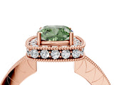 Rose gold Fancy Green Cushion  Halo Diamond Engagement Ring with Milgrain Pave Band and Four-Prong Setting_91