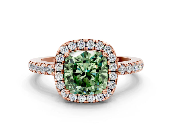Rose gold Fancy Green Cushion  Halo Diamond Engagement Ring with Pavé Band and Four-Prong Setting
