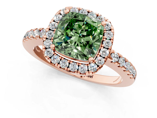 Rose gold Fancy Green Cushion  Halo Diamond Engagement Ring with Pavé Band and Four-Prong Setting