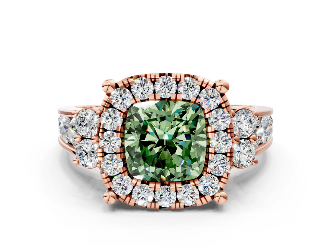 Rose gold Fancy Green Cushion  Halo Diamond Engagement Ring with Split Shank and Four-Prong Setting