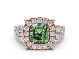 Rose gold Fancy Green Cushion  Halo Diamond Engagement Ring with Split Shank and Four-Prong Setting