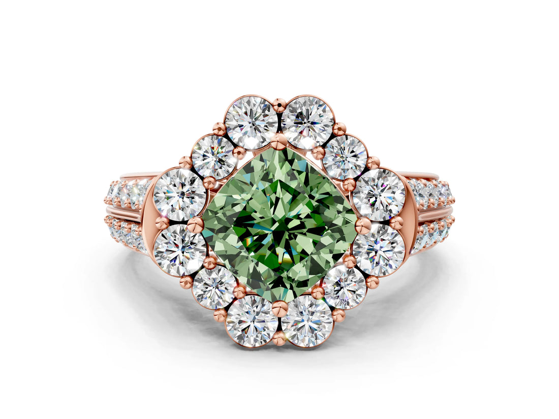 Rose gold Fancy Green Cushion  Halo Diamond Engagement Ring with Split Shank and Prong Setting_65