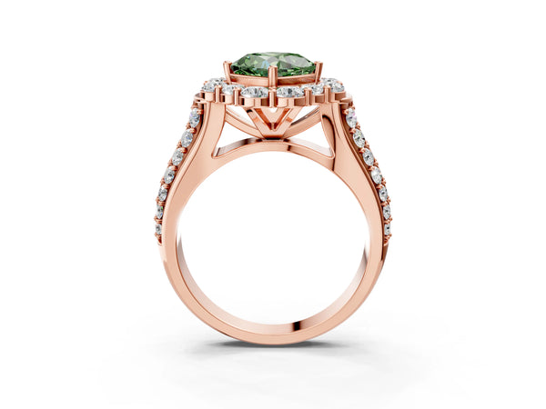 Rose gold Fancy Green Cushion  Halo Diamond Engagement Ring with Split Shank and Prong Setting