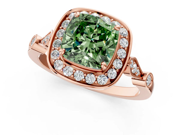Rose gold Fancy Green Cushion  Halo Diamond Engagement Ring with Twisted Band and Four-Prong Setting