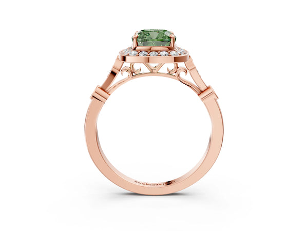 Rose gold Fancy Green Cushion  Halo Diamond Engagement Ring with Twisted Band and Four-Prong Setting