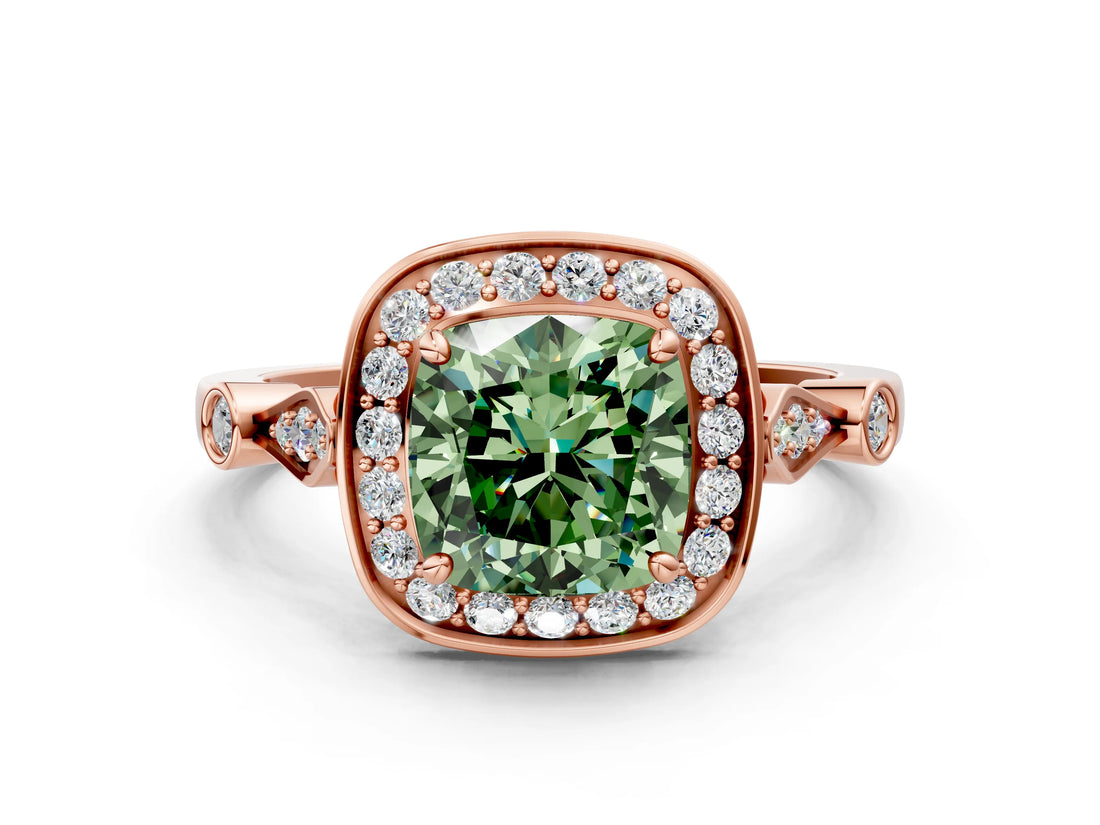 Rose gold Fancy Green Cushion  Halo Diamond Engagement Ring with Twisted Band and Four-Prong Setting