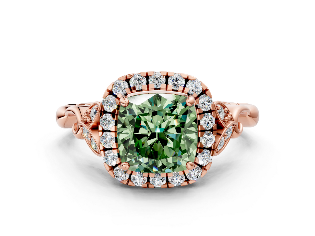 Rose gold Fancy Green Cushion  Halo Diamond Engagement Ring with Vintage-Inspired Band and Four-Prong Setting_3