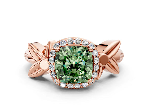 Rose gold Fancy Green Cushion  Halo Diamond Floral Band with Four-Prong Setting
