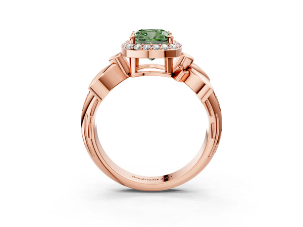 Rose gold Fancy Green Cushion  Halo Diamond Floral Band with Four-Prong Setting