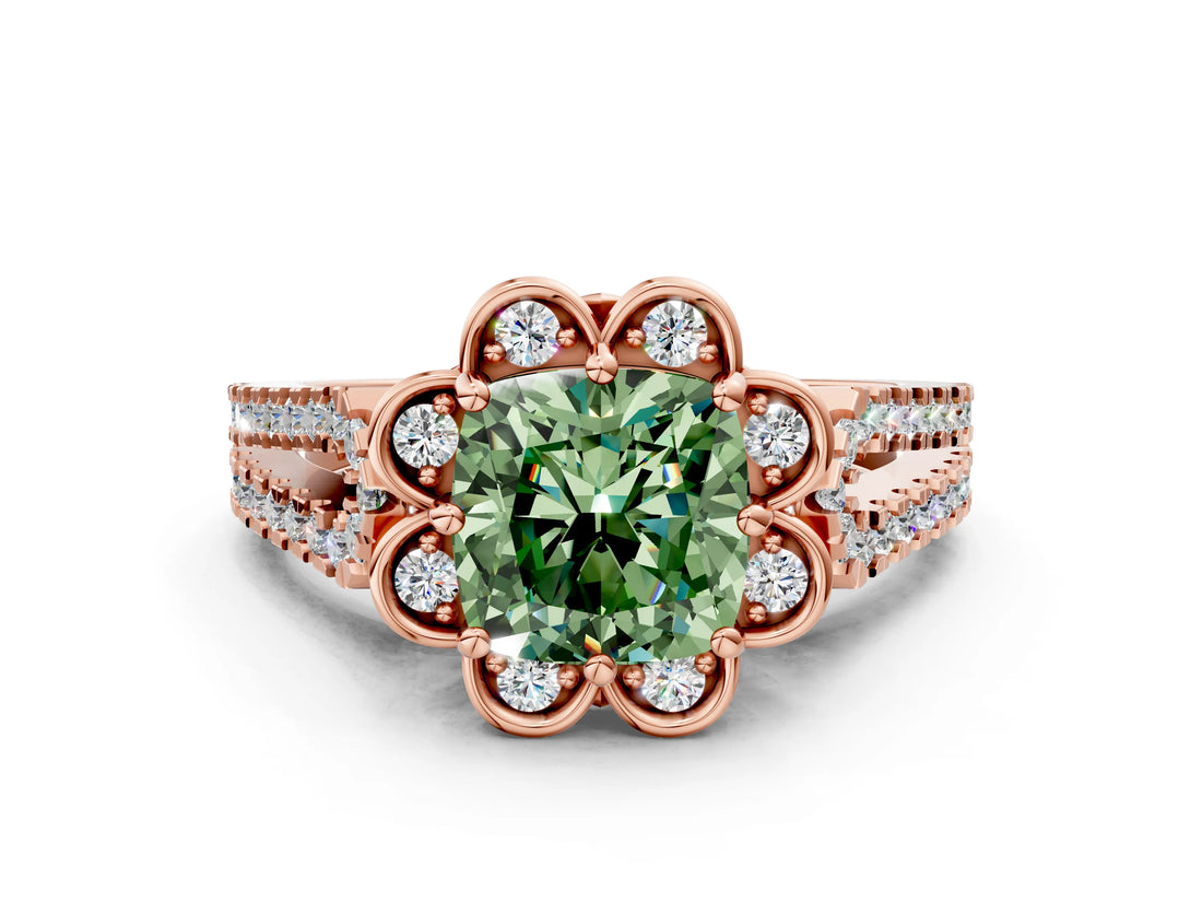 Rose gold Fancy Green Cushion  Halo Diamond Floral Split Shank Engagement Ring 1