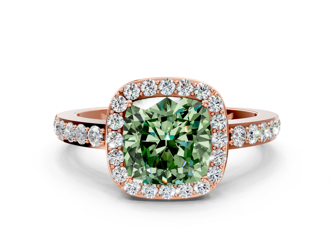 Rose gold Fancy Green Cushion  Halo Diamond Pavé Band Ring with Prong Setting_20