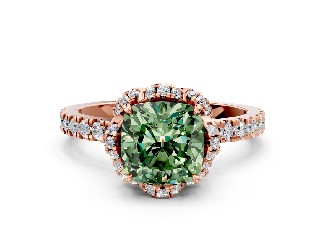 Rose gold Fancy Green Cushion  Halo Diamond Pave Band Ring with Four-Prong Setting_15