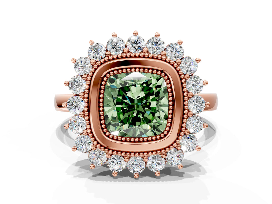 Rose gold Fancy Green Cushion  Halo Diamond Ring with Milgrain Edge and Round Prong Setting_42