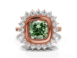 Rose gold Fancy Green Cushion  Halo Diamond Ring with Milgrain Edge and Round Prong Setting_42