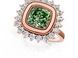 Rose gold Fancy Green Cushion  Halo Diamond Ring with Milgrain Edge and Round Prong Setting_43