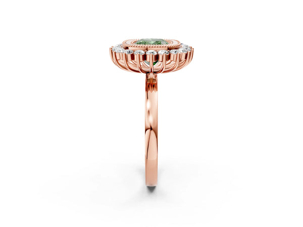 Rose gold Fancy Green Cushion  Halo Diamond Ring with Milgrain Edge and Round Prong Setting