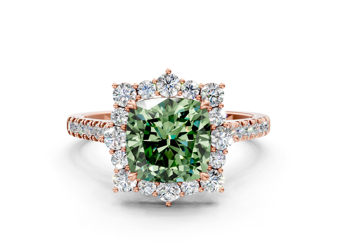 Rose gold Fancy Green Cushion  Halo Diamond Ring with Pavé Band and Prong Setting_37