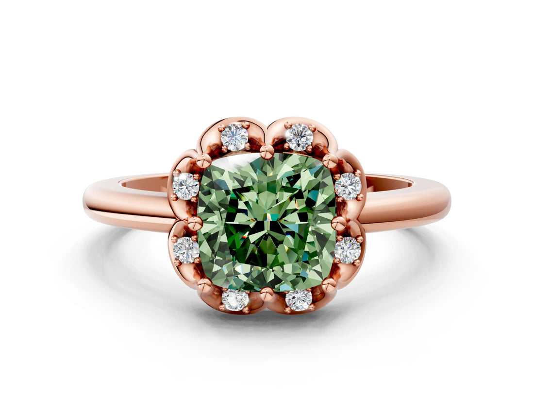 Rose gold Fancy Green Cushion  Halo Diamond Ring with Round Cluster Setting, Solitaire Band, and Four-Prong Setting_78