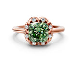 Rose gold Fancy Green Cushion  Halo Diamond Ring with Round Cluster Setting, Solitaire Band, and Four-Prong Setting_78