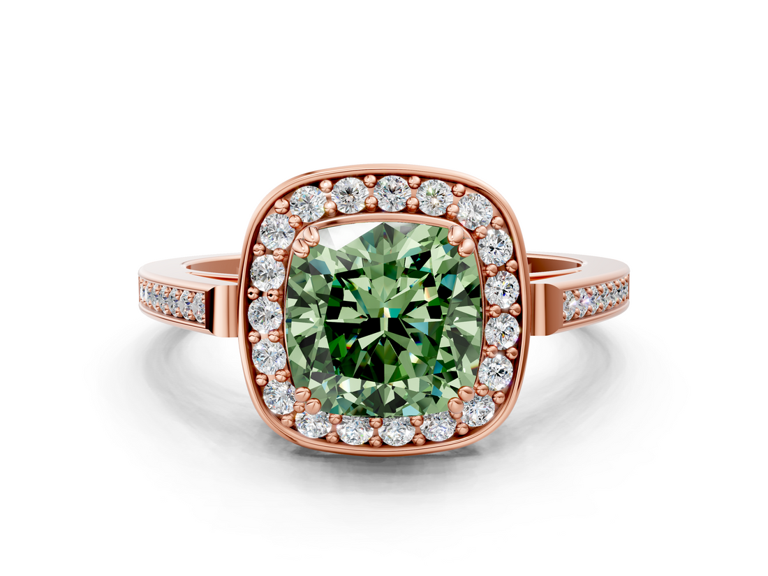 Rose gold Fancy Green Cushion  Halo Diamond Ring with Split Shank and Four-Prong Setting_45