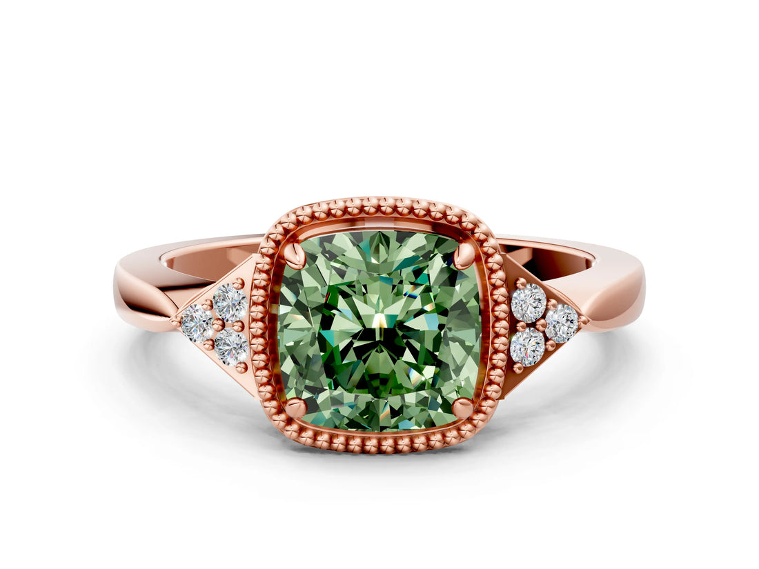 Rose gold Fancy Green Cushion  Halo Diamond Ring with Tapered Band and Four-Prong Setting_3