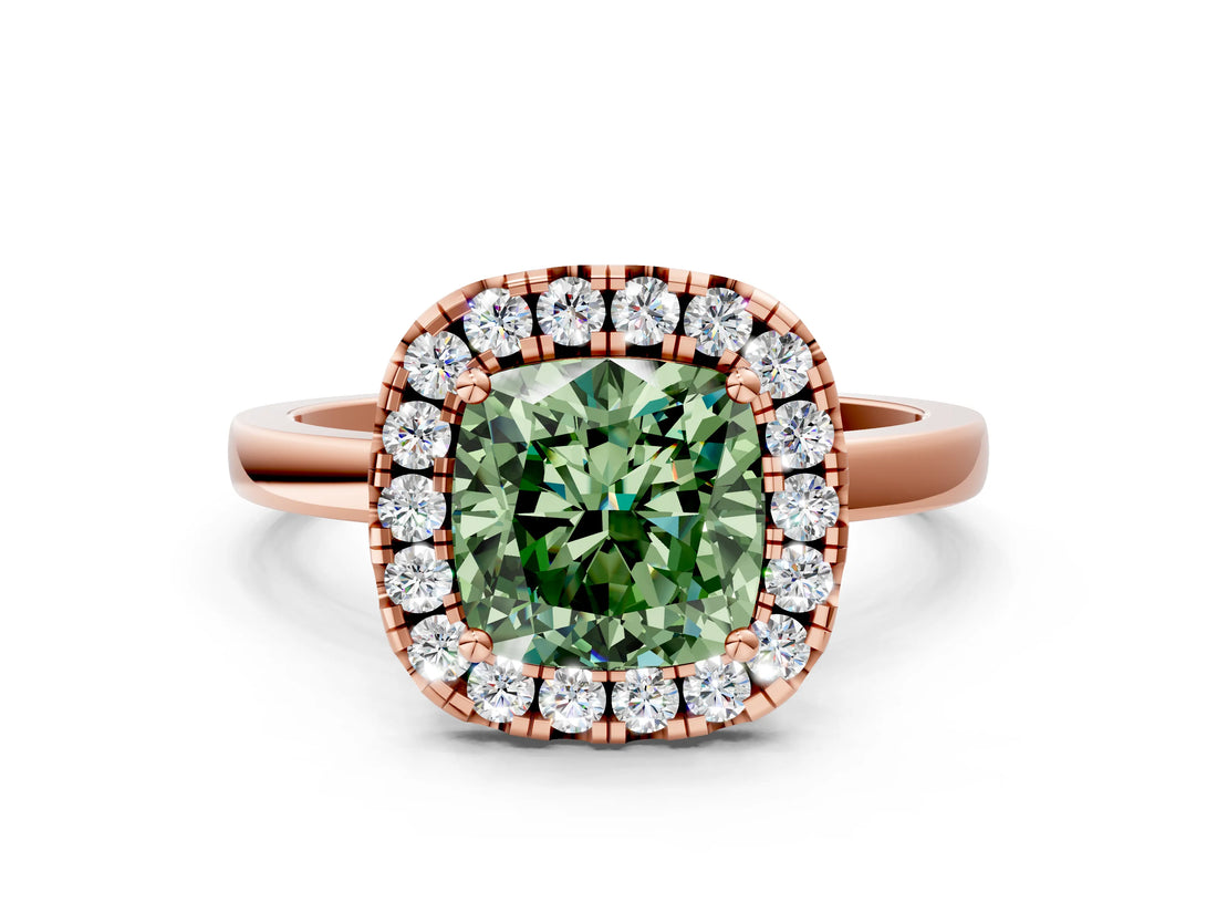 Rose gold Fancy Green Cushion  Halo Diamond Solitaire with Pavé Band and Four-Prong Setting_115