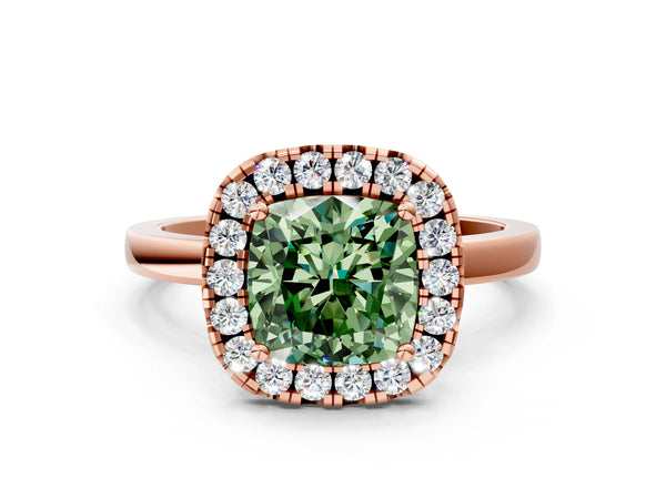Rose gold Fancy Green Cushion  Halo Diamond Solitaire with Pavé Band and Four-Prong Setting