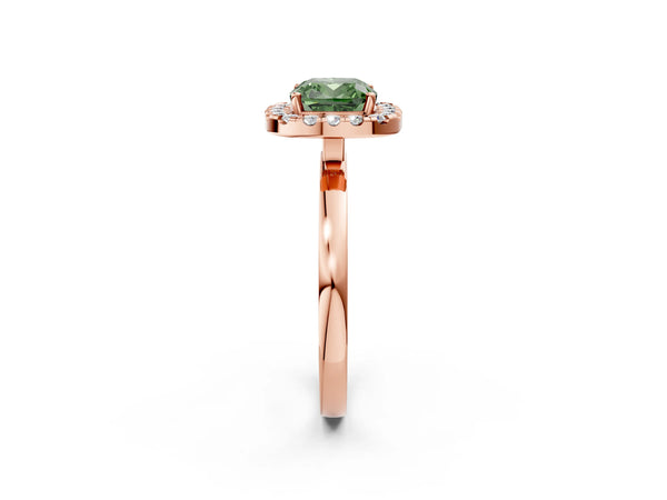 Rose gold Fancy Green Cushion  Halo Diamond Solitaire with Pavé Band and Four-Prong Setting