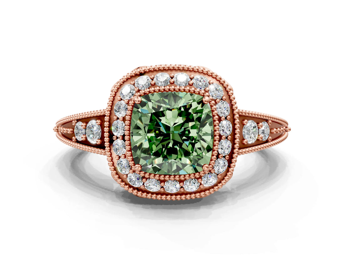 Rose gold Fancy Green Cushion  Halo Diamond Split Shank Ring with Milgrain Detail_49