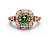 Rose gold Fancy Green Cushion  Halo Diamond Split Shank Ring with Milgrain Detail_49