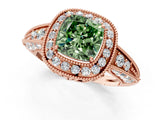 Rose gold Fancy Green Cushion  Halo Diamond Split Shank Ring with Milgrain Detail_50
