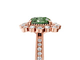 Rose gold Fancy Green Cushion  Halo Milgrain Pave Diamond Ring with Four-Prong Setting 1