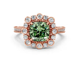 Rose gold Fancy Green Cushion  Halo Milgrain Pave Diamond Ring with Four-Prong Setting 2