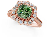 Rose gold Fancy Green Cushion  Halo Milgrain Pave Diamond Ring with Four-Prong Setting 3