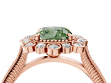 Rose gold Fancy Green Cushion  Halo Milgrain Pave Diamond Ring with Four-Prong Setting