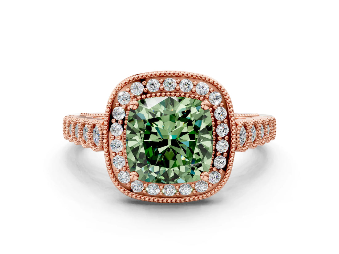 Rose gold Fancy Green Cushion  Halo Milgrain Solitaire with Bezel Set Side Stones and Pave Band_32