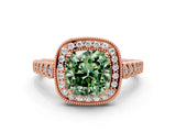 Rose gold Fancy Green Cushion  Halo Milgrain Solitaire with Bezel Set Side Stones and Pave Band_32