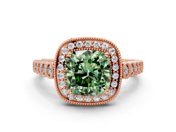 Rose gold Fancy Green Cushion  Halo Milgrain Solitaire with Bezel Set Side Stones and Pave Band